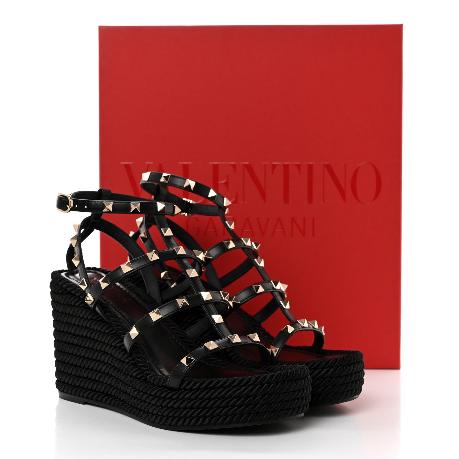 Valentino Garavani Calfskin Rockstud Ankle Strap Torchon Espadrille Caged 25/95mm Wedge Sandals 38 Black 9 of 9