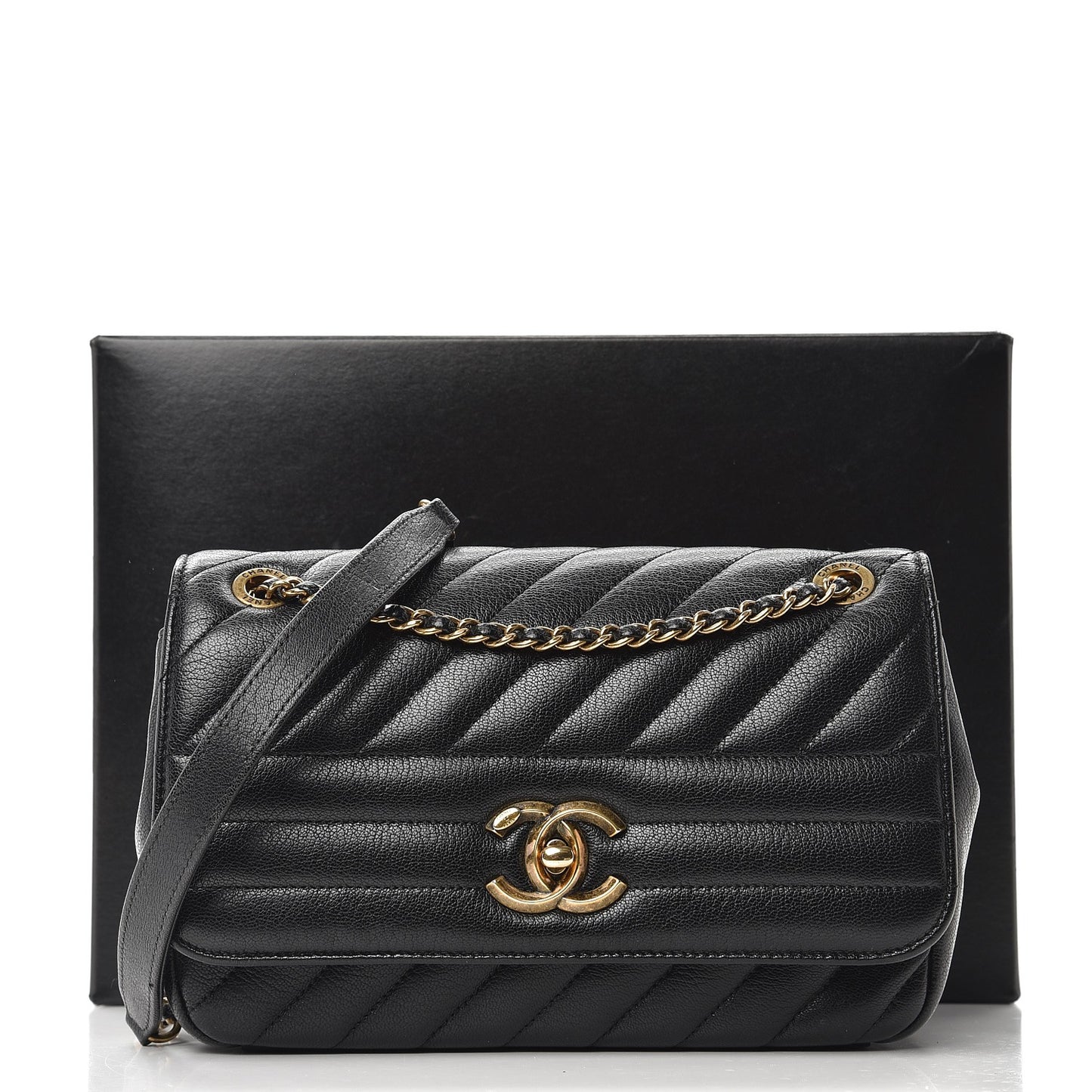 Shiny Goatskin Diagonal Quilted Small Flap Black