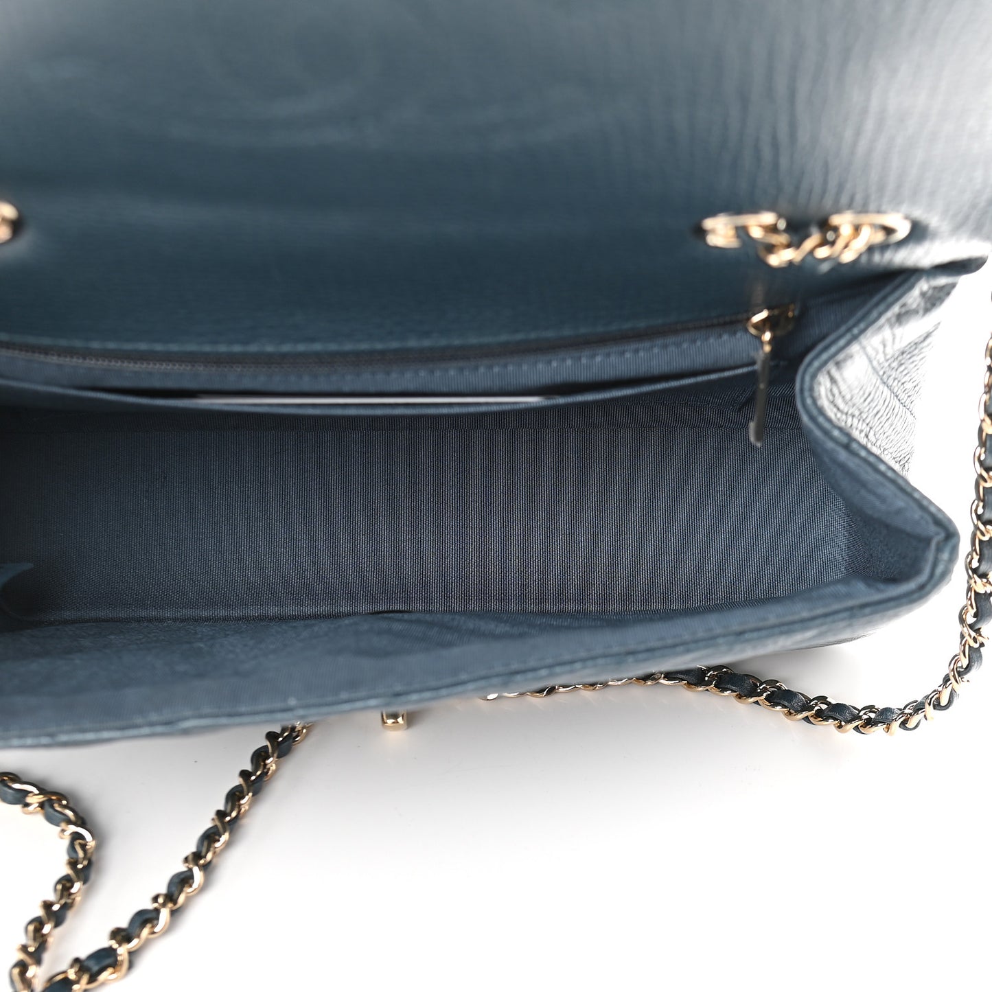 Metallic Calfskin Chevron Quilted Small Statement Flap Blue