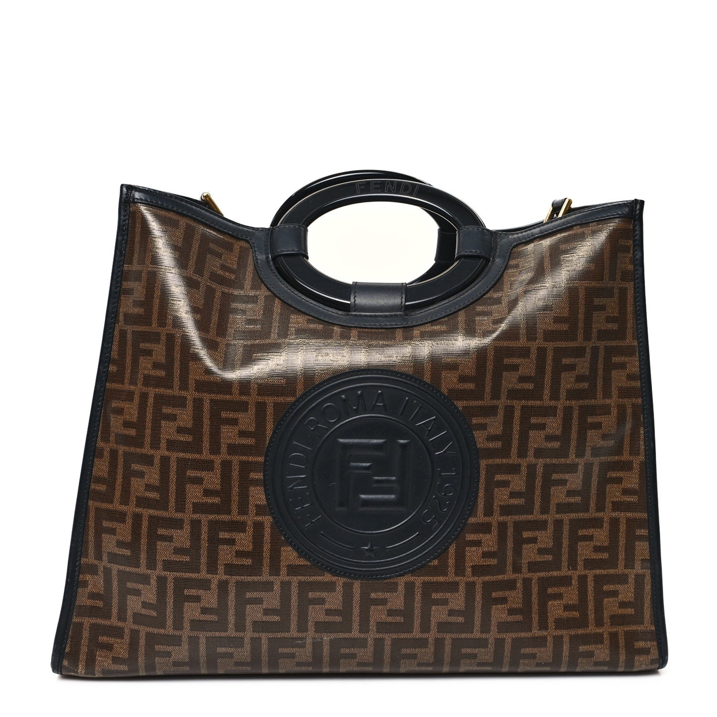 Glazed Fabric Vitello Century Plexiglass FF 1974 Stamp Patch Medium Runaway Shopper Tote Mogano Panna Black