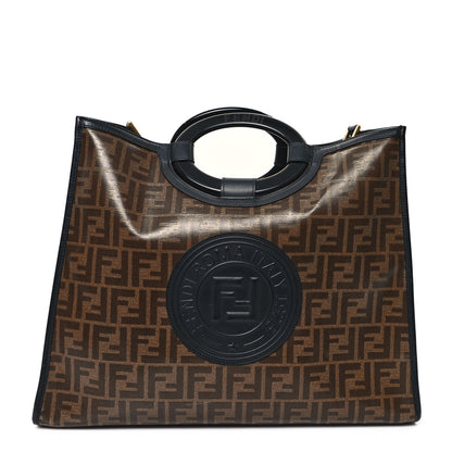 Fendi Glazed Fabric Vitello Century Plexiglass FF 1974 Stamp Patch Medium Runaway Shopper Tote Mogano Panna Black 1 of 14