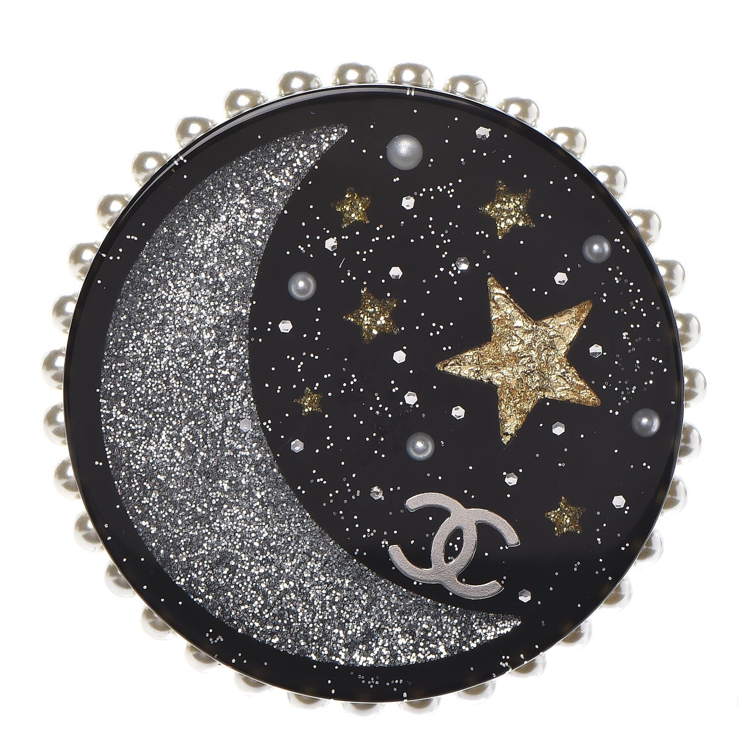 Chanel Glittered Resin Crystal Pearl CC Moon Pin Brooch Black Gold Silver 1 of 5