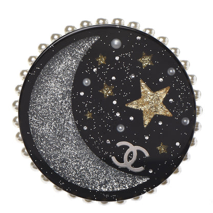 Chanel Glittered Resin Crystal Pearl CC Moon Pin Brooch Black Gold Silver 1 of 5