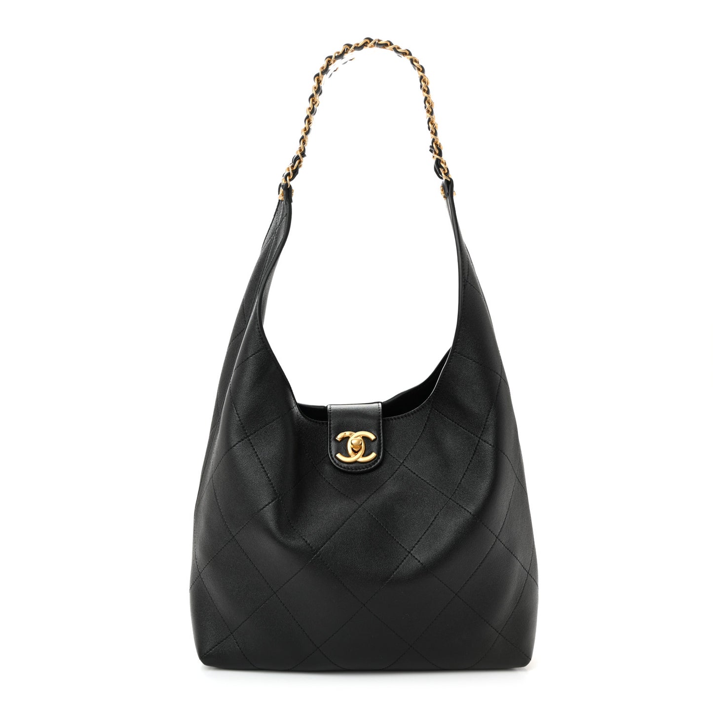 Shiny Lambskin Quilted Medium Hobo Black