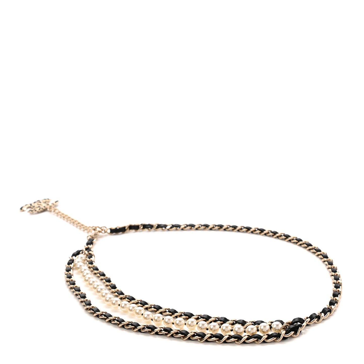 Lambskin Pearl Chain CC Fancy Belt Black Gold