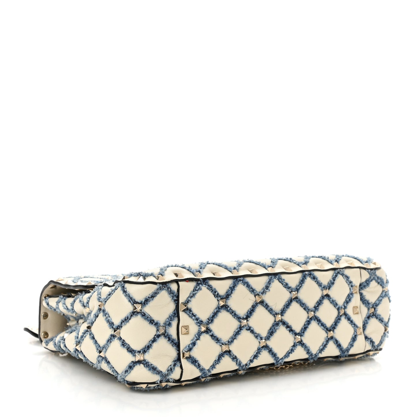 Nappa Denim Quilted Rockstud Medium Spike Shoulder Bag Ivory Blue