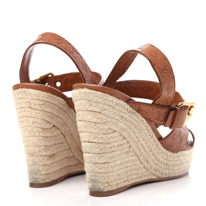 Louis Vuitton Calfskin Monogram Embossed Espadrille Wedge Sandals 41 Cognac 4 of 10
