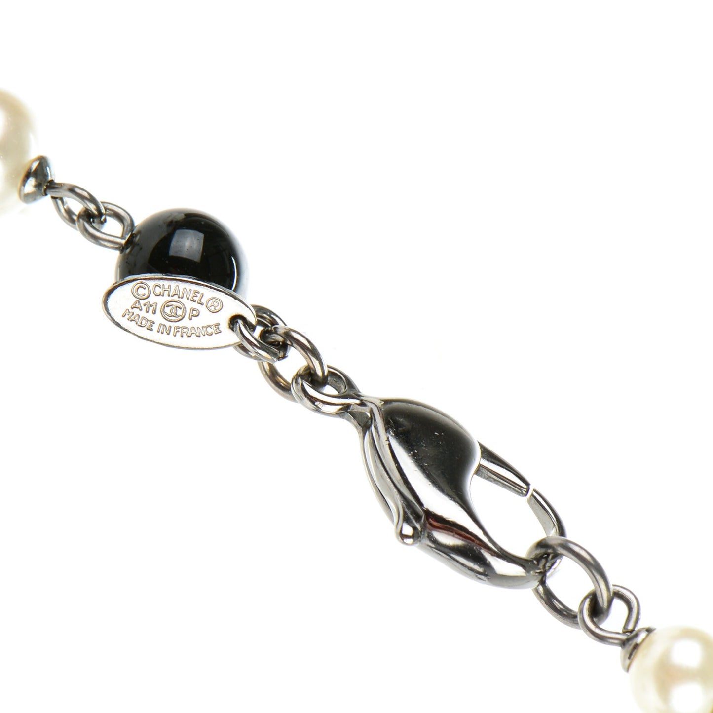 Pearl Crystal Bead CC Long Necklace Black