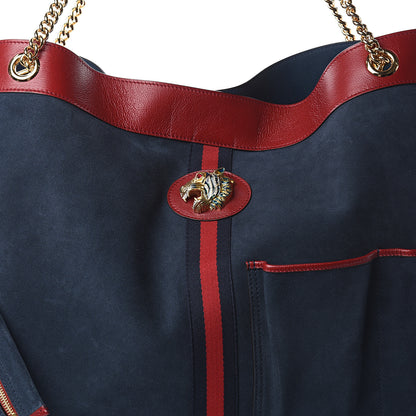Gucci Suede Calfskin Maxi Rajah Chain Tote New Blue Romantic Cherry 6 of 8