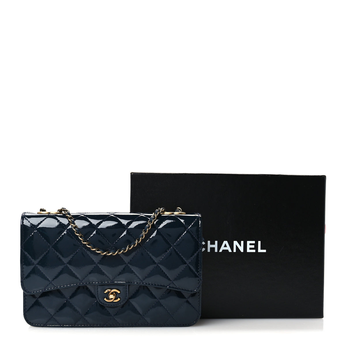 Chanel Patent Goatskin Quilted CC Eyelet Wallet On Chain WOC Blue 12 of 12