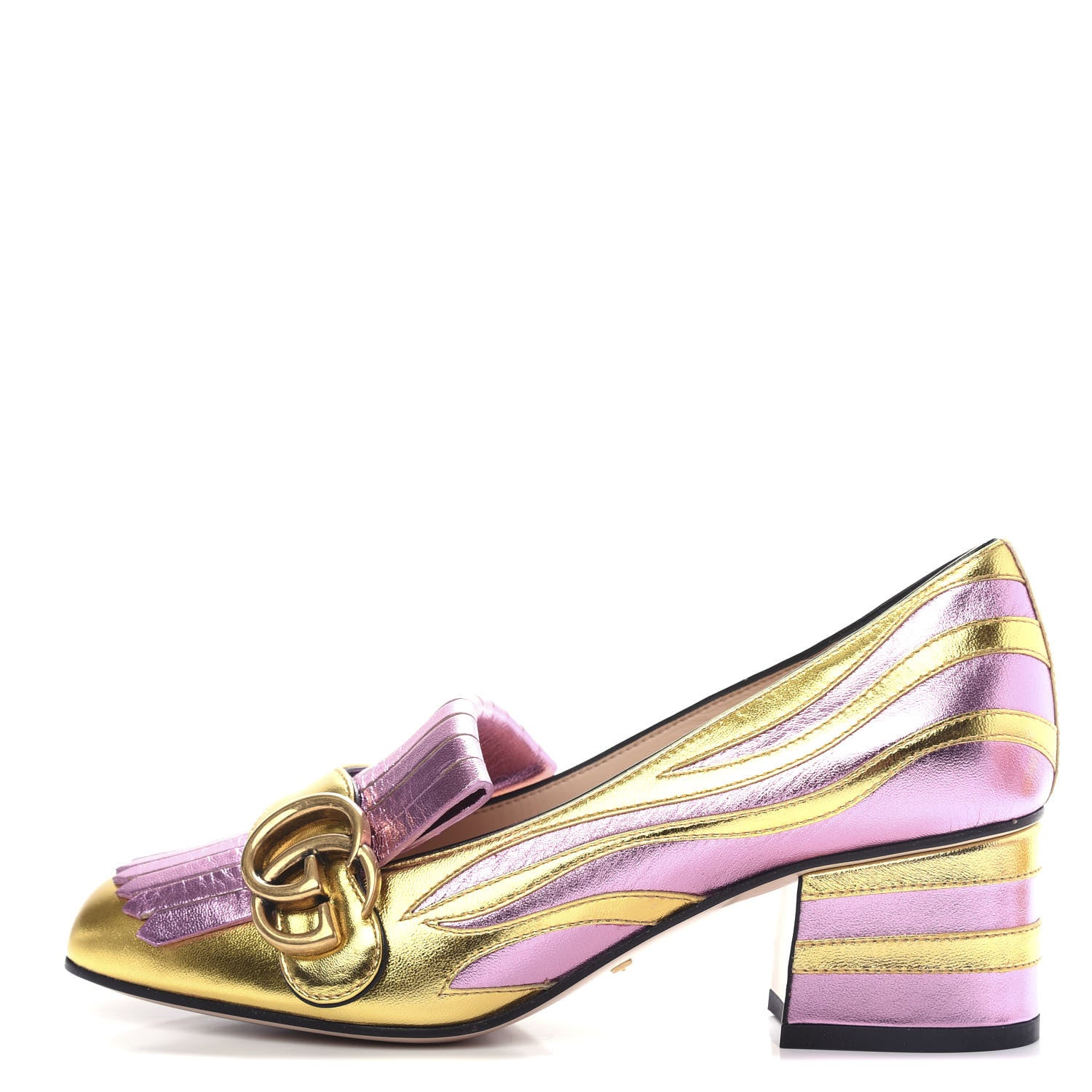 Gucci Metallic Nappa Inlay GG Marmont Fringe 50mm Loafer Pumps 35.5 Oro Vecchio Rosa 1 of 12