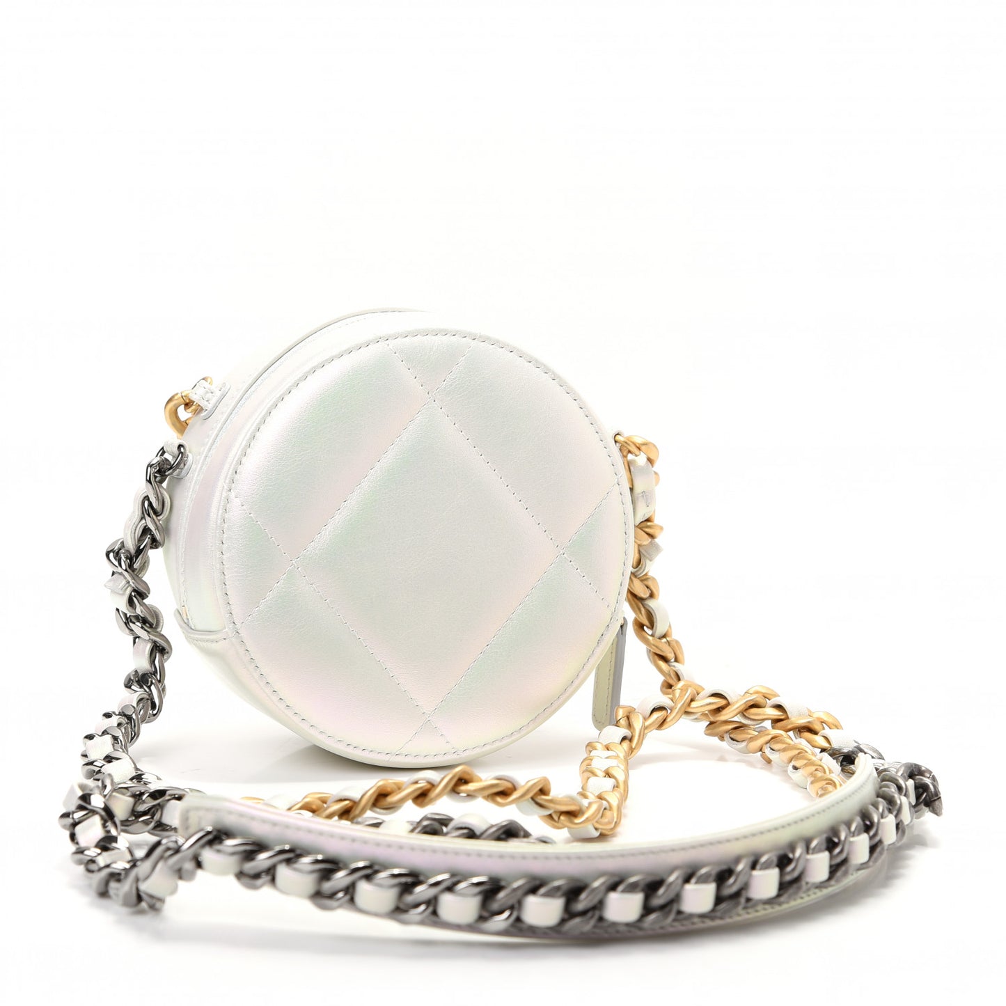 Iridescent Calfskin Quilted Chanel 19 Round Clutch With Chain White