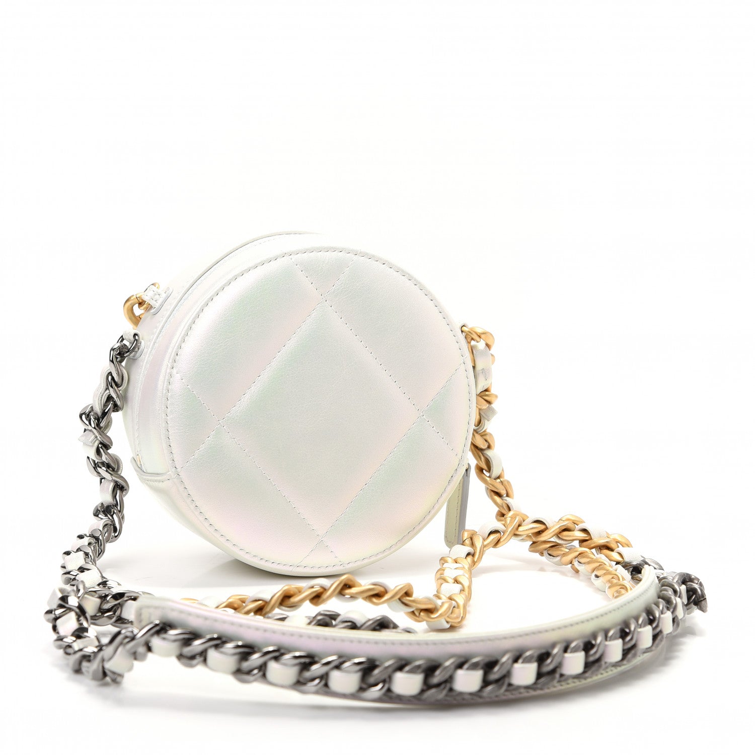 Chanel Iridescent Calfskin Quilted Chanel 19 Round Clutch With Chain White 3 of 10