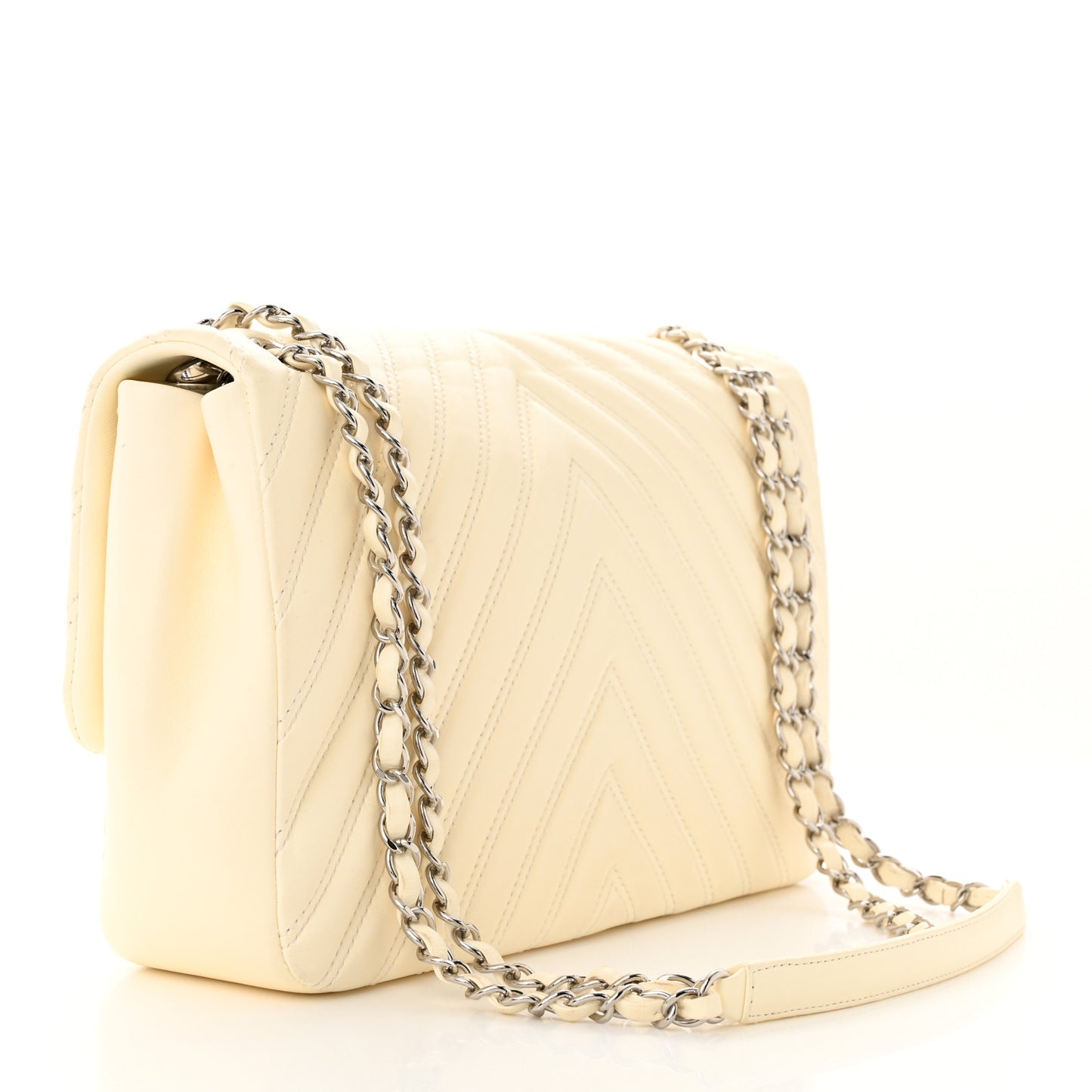 Lambskin Chevron Quilted Double Stitch Jumbo Single Flap White