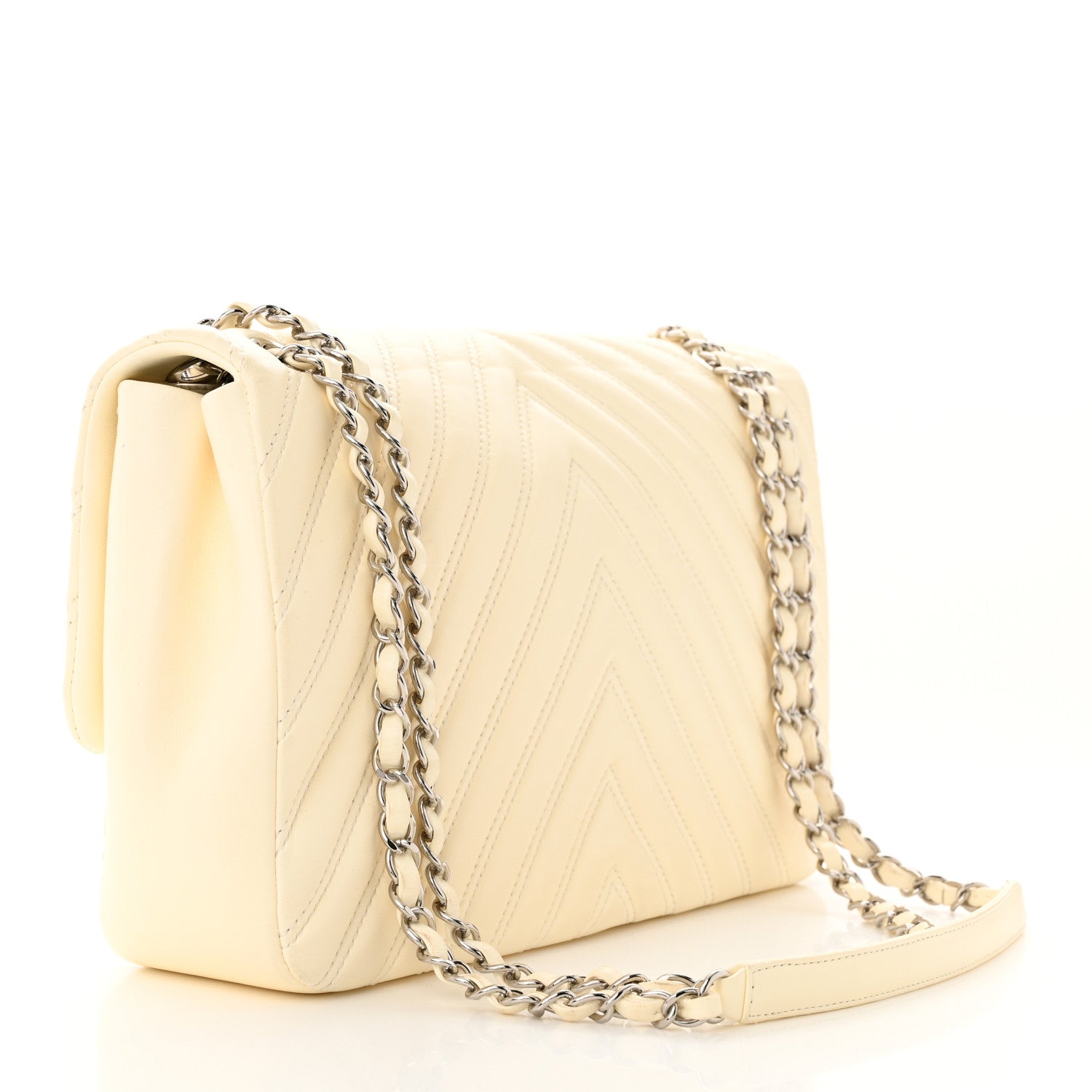 Chanel Lambskin Chevron Quilted Double Stitch Jumbo Single Flap White 3 of 12