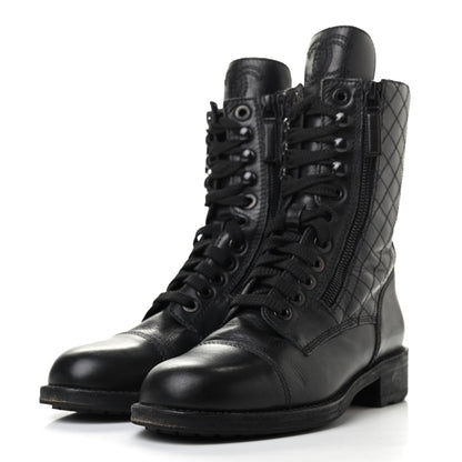 Chanel Calfskin Quilted Lace Up Combat Boots 36.5 Black 3 of 13