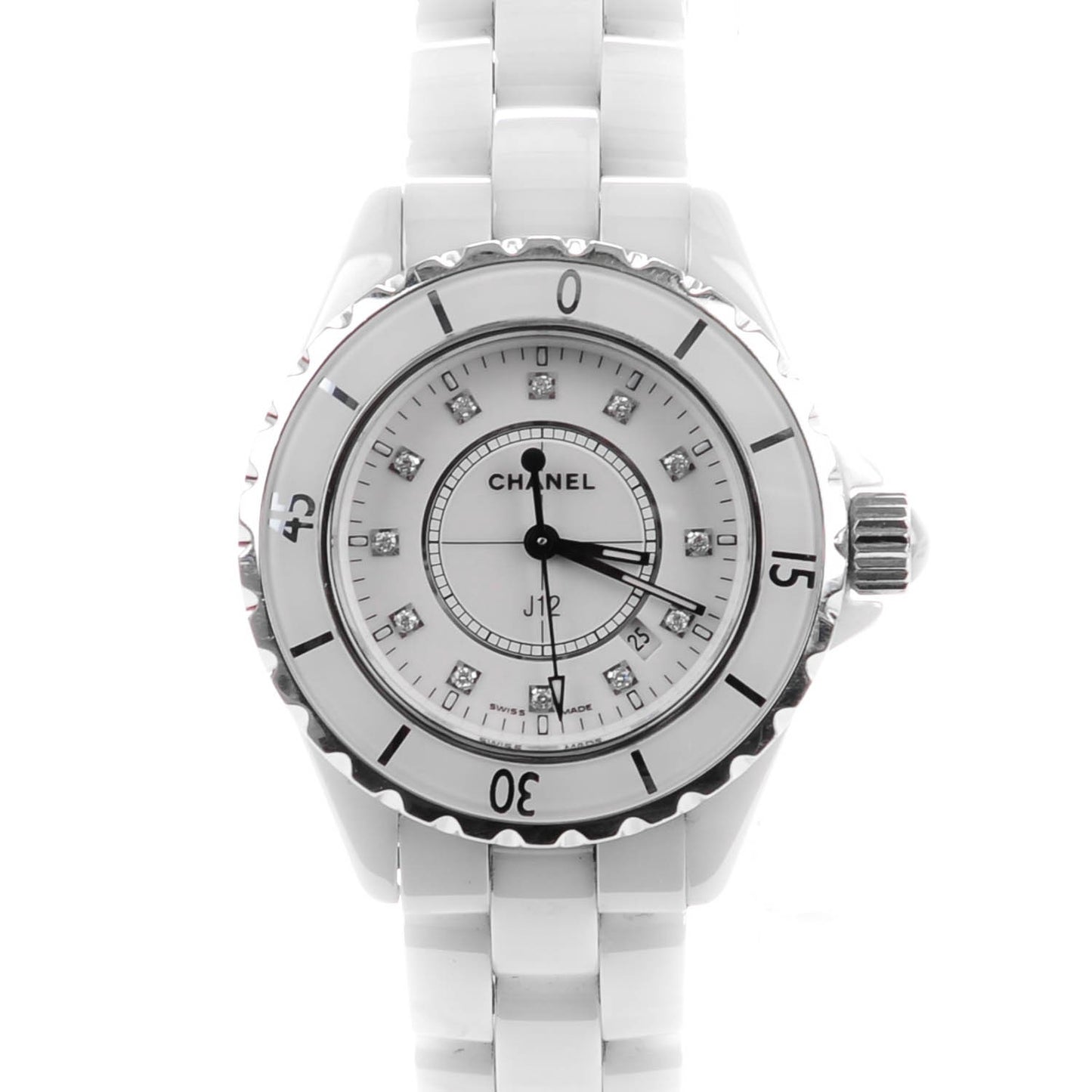 Stainless Steel Ceramic Diamond 33mm J12 Quartz Watch White
