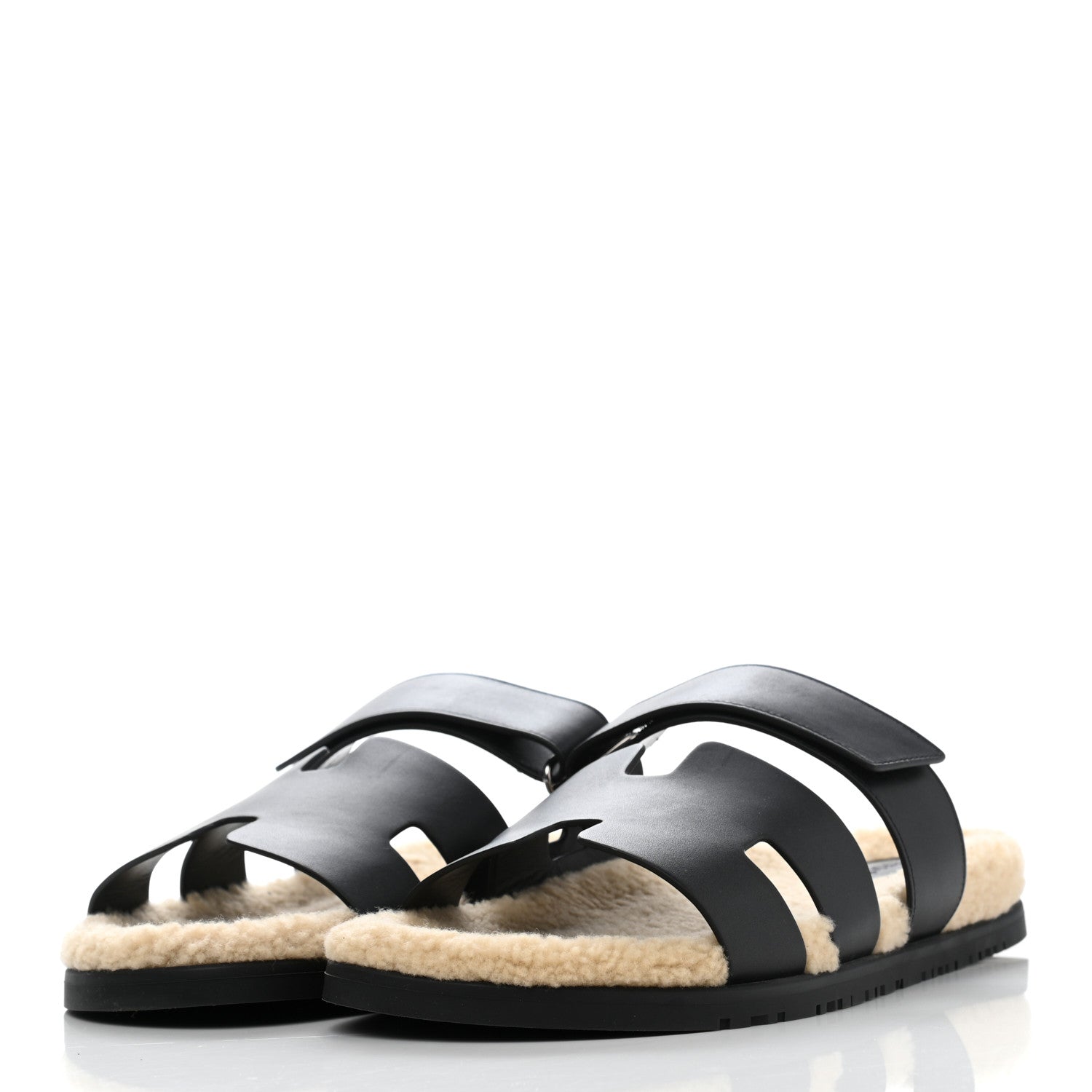 Hermes Veau Indios Woolskin Mens Chypre Sandals 46 Black Ecru 3 of 8