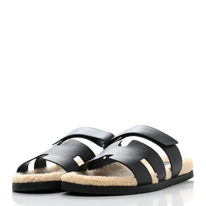 Hermes Veau Indios Woolskin Mens Chypre Sandals 46 Black Ecru 3 of 8