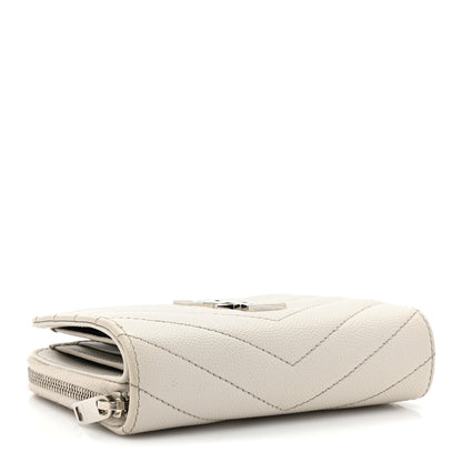 Saint Laurent Grain De Poudre Matelasse Chevron Monogram Compact Zip Around Wallet Ivory 4 of 14