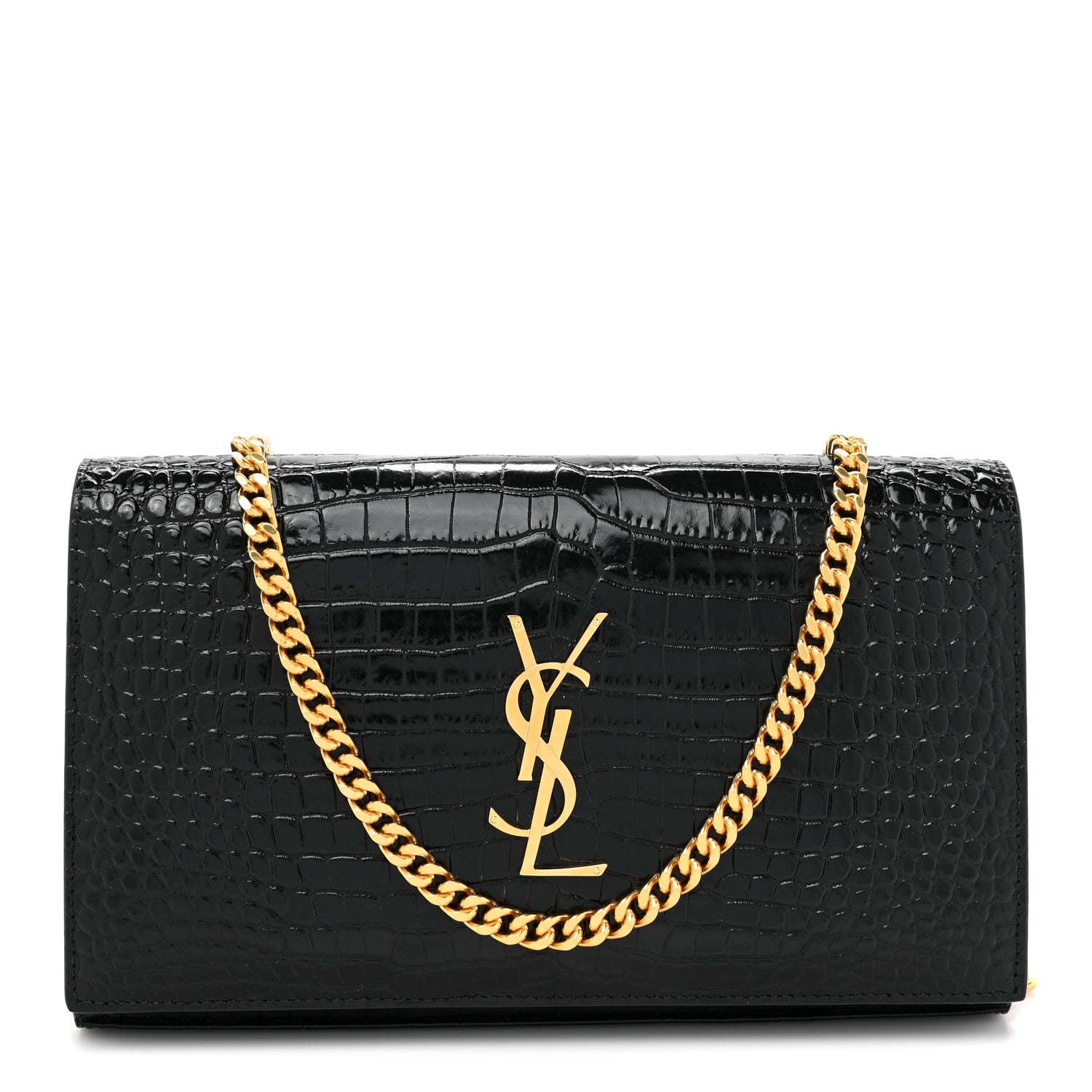 Saint Laurent Calfskin Crocodile Embossed Cassandre Wallet On Chain WOC Black 1 of 12