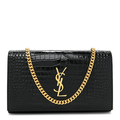 Saint Laurent Calfskin Crocodile Embossed Cassandre Wallet On Chain WOC Black 1 of 12