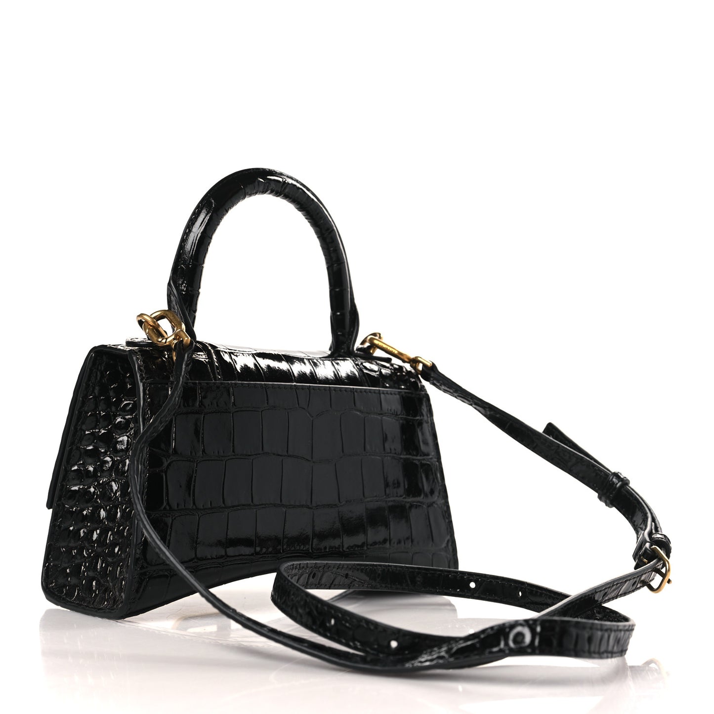 Shiny Calfskin Crocodile Embossed Hourglass Top Handle Bag XS Black