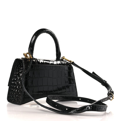 Balenciaga Shiny Calfskin Crocodile Embossed Hourglass Top Handle Bag XS Black 3 of 9