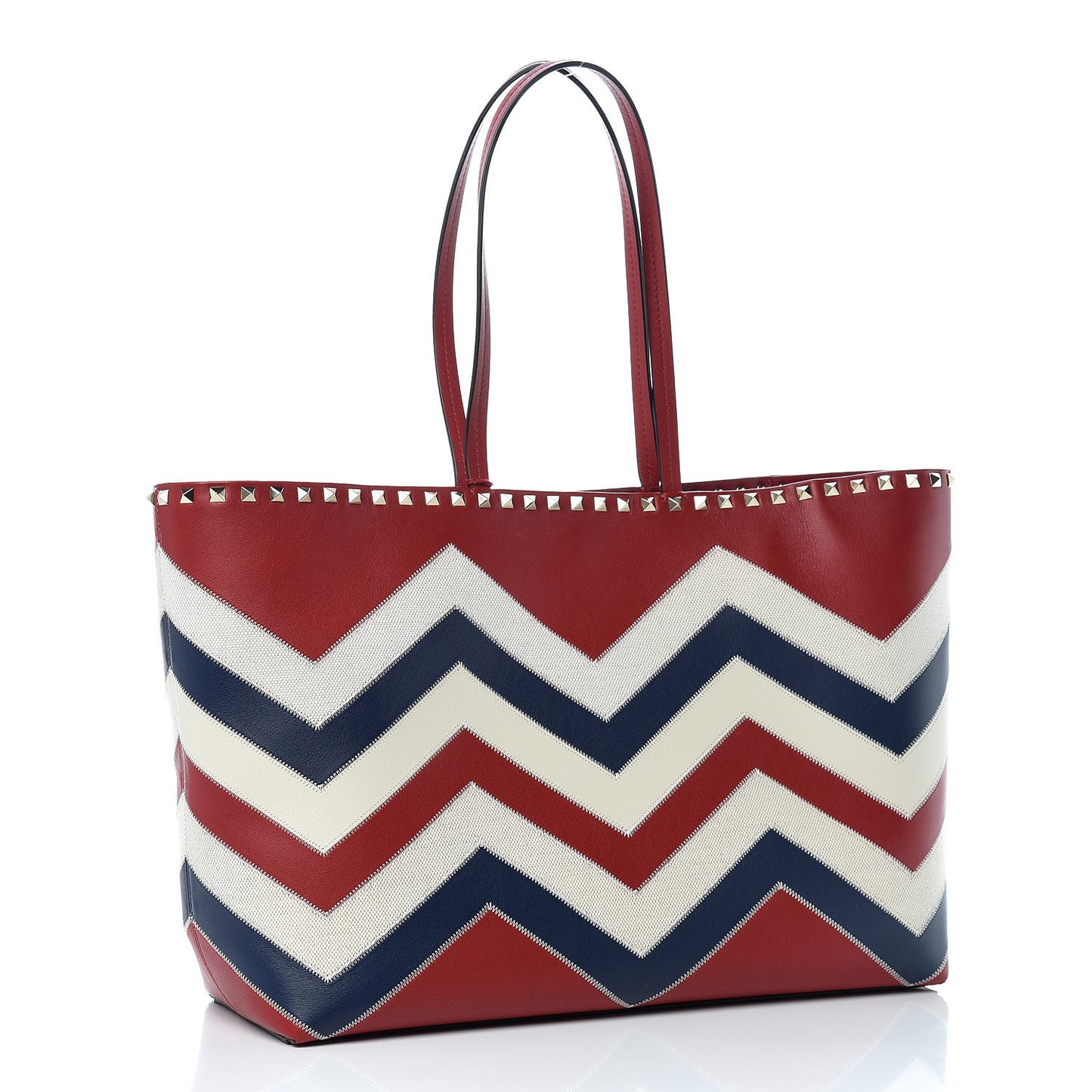 Calfskin Canvas Chevron Inlay Rockstud Shoulder Tote Red White Blue