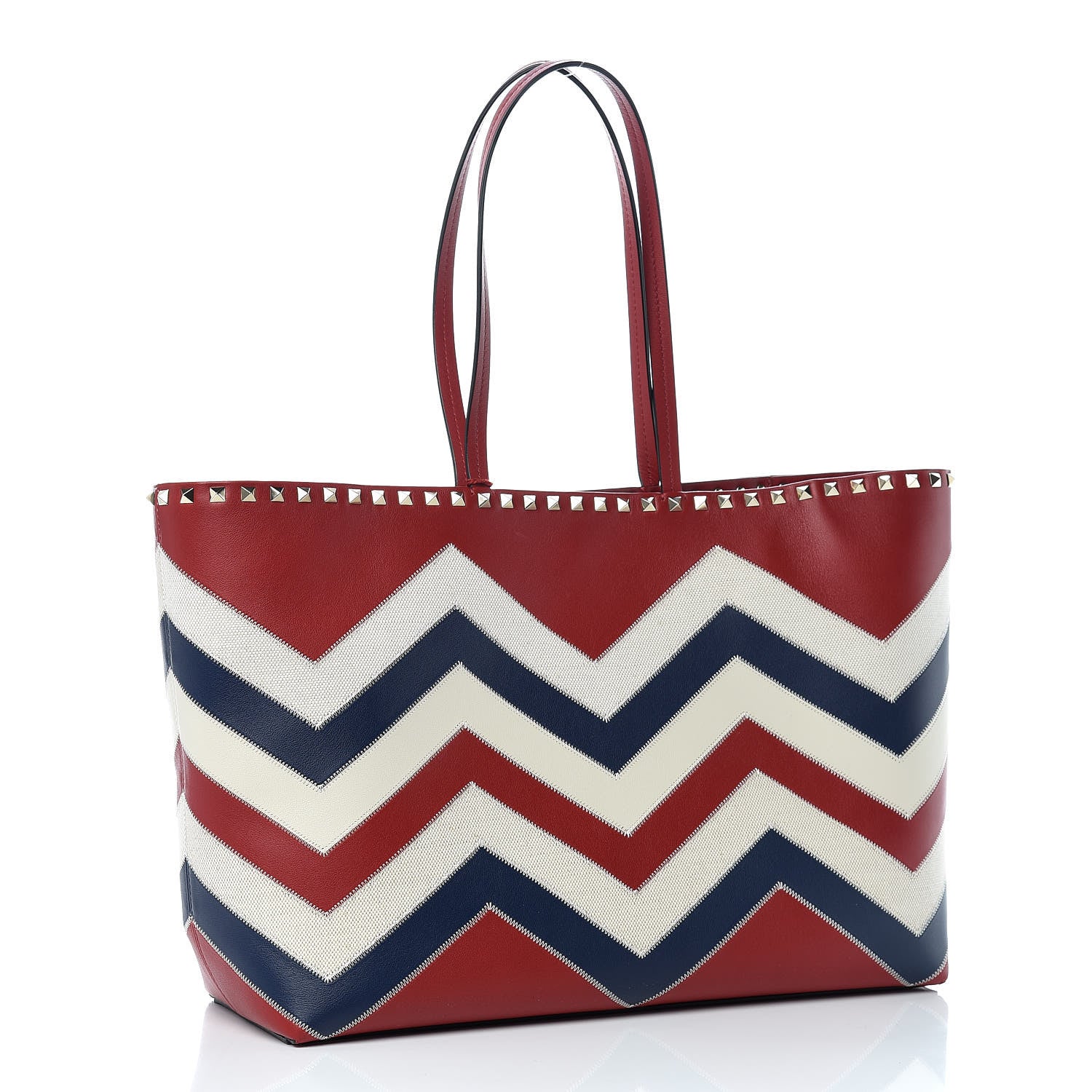 Valentino Garavani Calfskin Canvas Chevron Inlay Rockstud Shoulder Tote Red White Blue 3 of 8