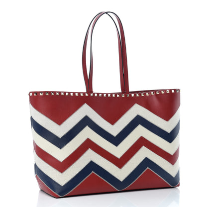 Valentino Garavani Calfskin Canvas Chevron Inlay Rockstud Shoulder Tote Red White Blue 3 of 8
