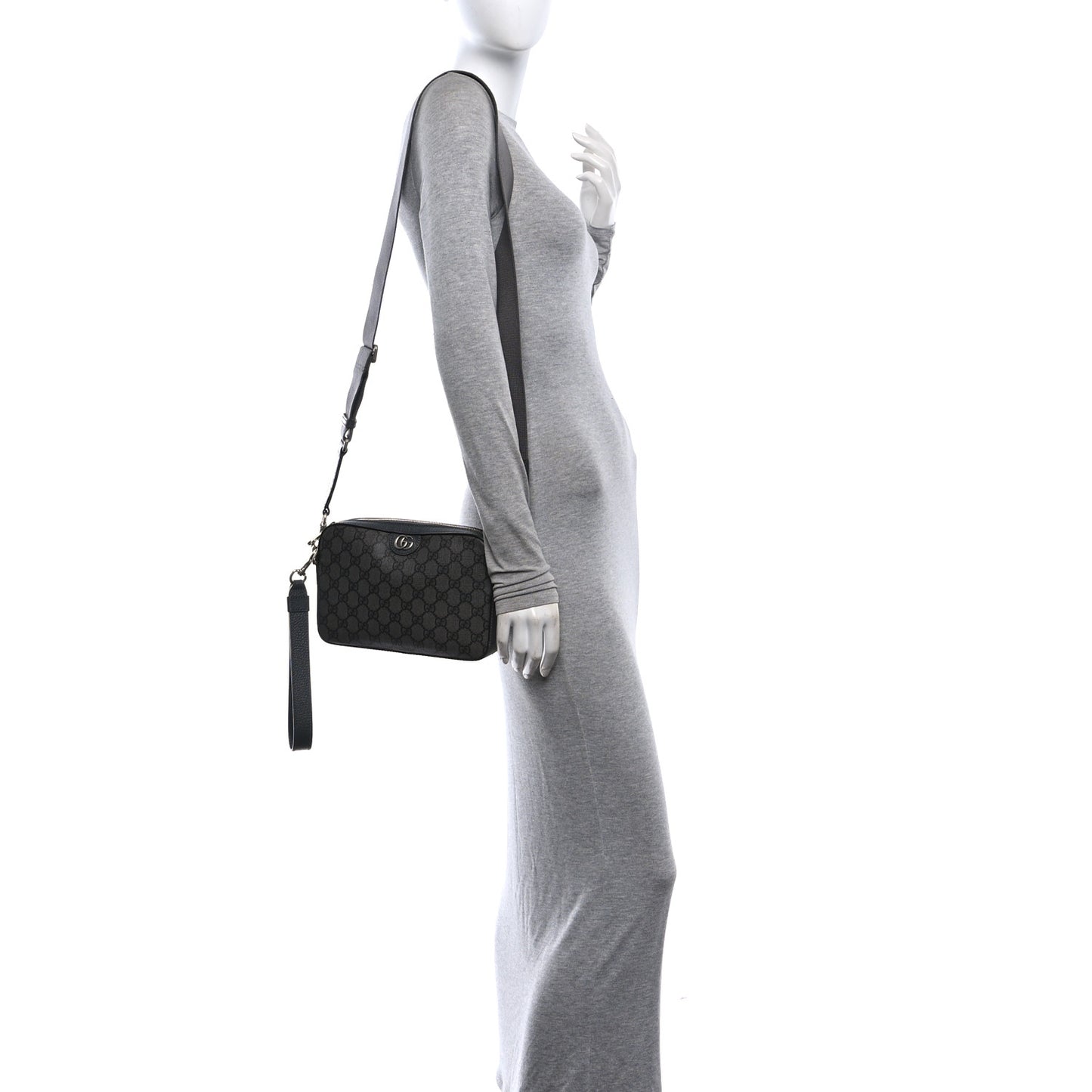 GG Supreme Monogram Textured Dollar Calfskin Web Ophidia Wristlet Shoulder Bag Grey Black Graphite Grey Grey Black Graphite Grey