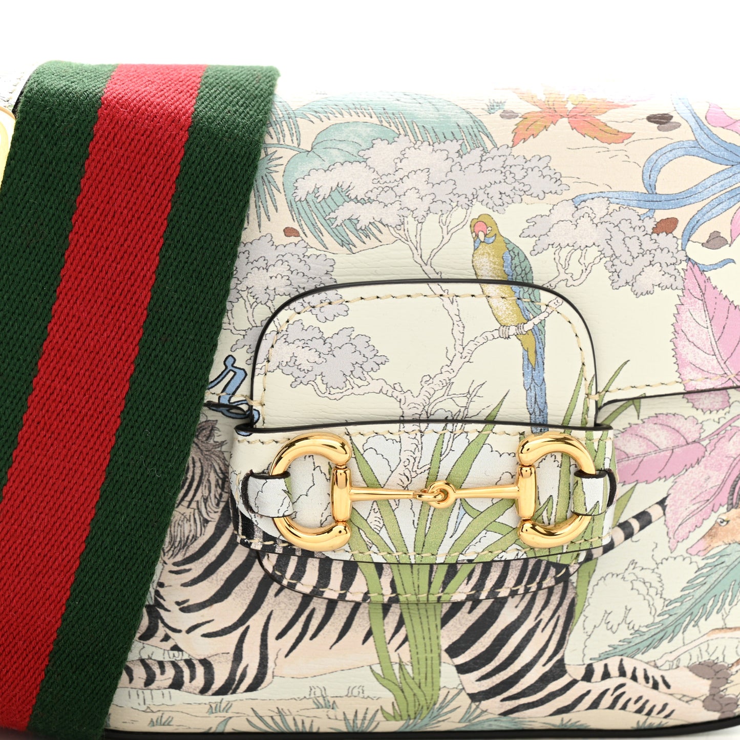 New Shangai Calfskin Tiger Savanah Web Mini Horsebit 1955 Shoulder Bag Chalky White Multicolor