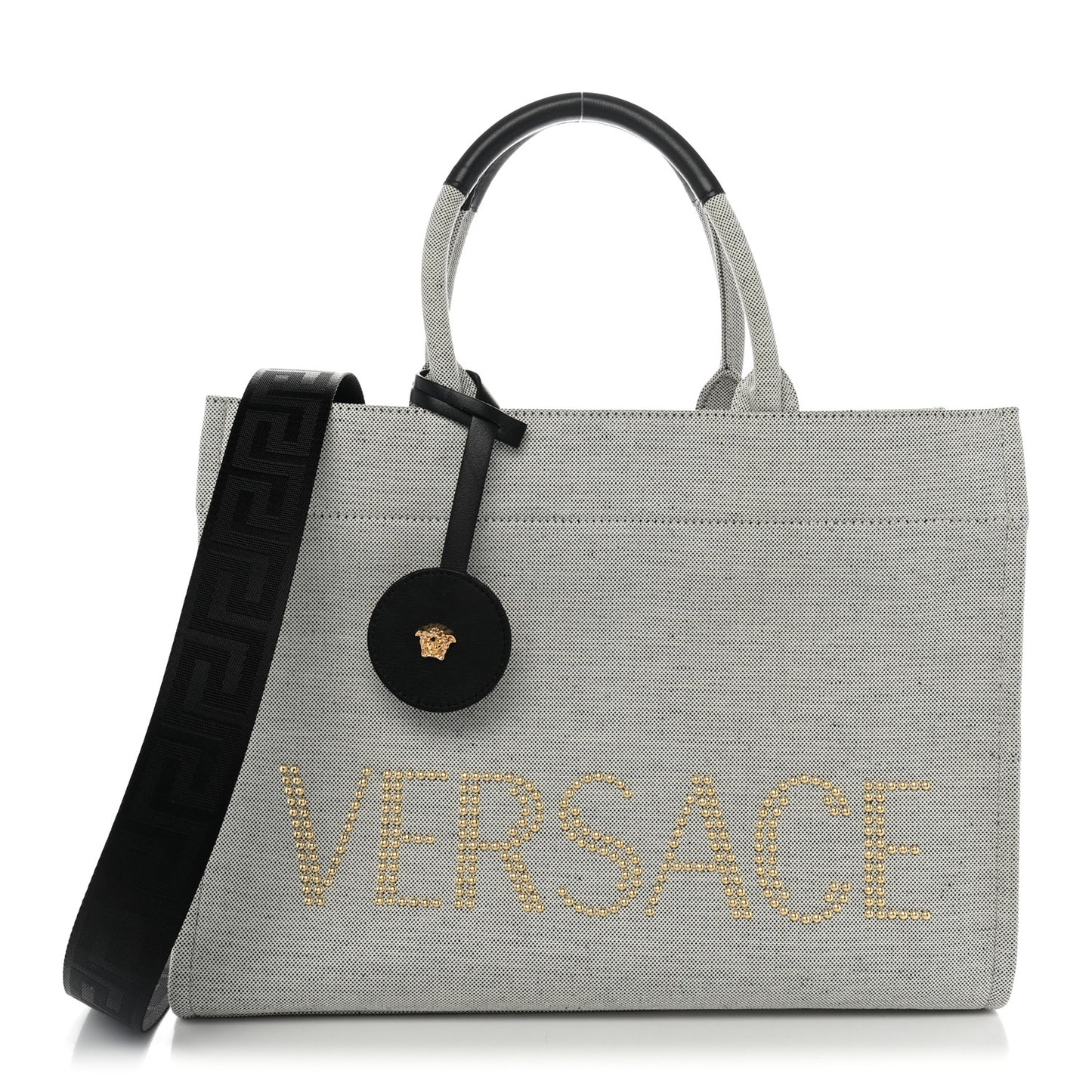 Canvas Calfskin Studded Large Logo Tote Bag Ecru Black