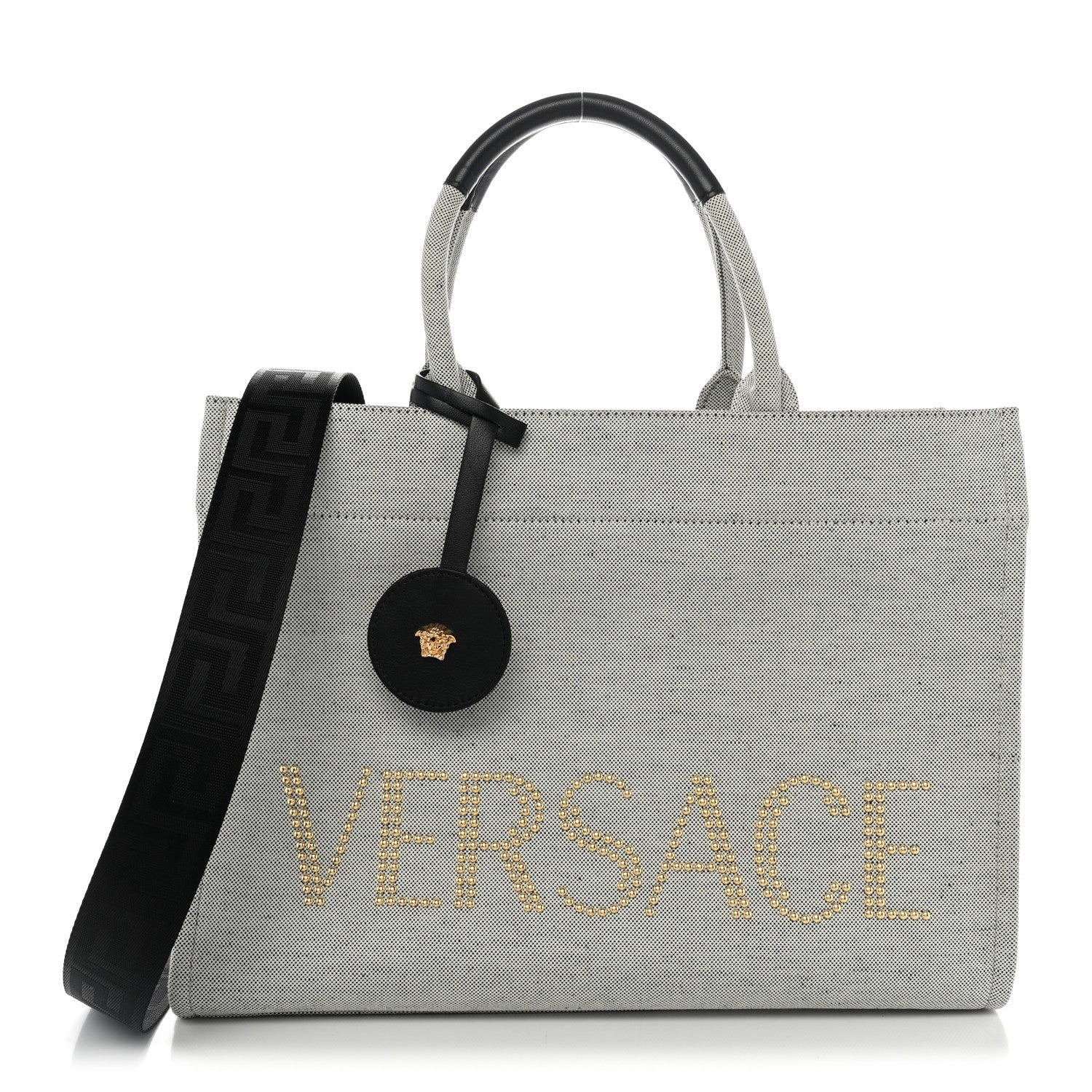 Versace Canvas Calfskin Studded Large Logo Tote Bag Ecru Black 1 of 13