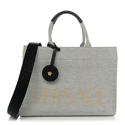 Versace Canvas Calfskin Studded Large Logo Tote Bag Ecru Black 1 of 13