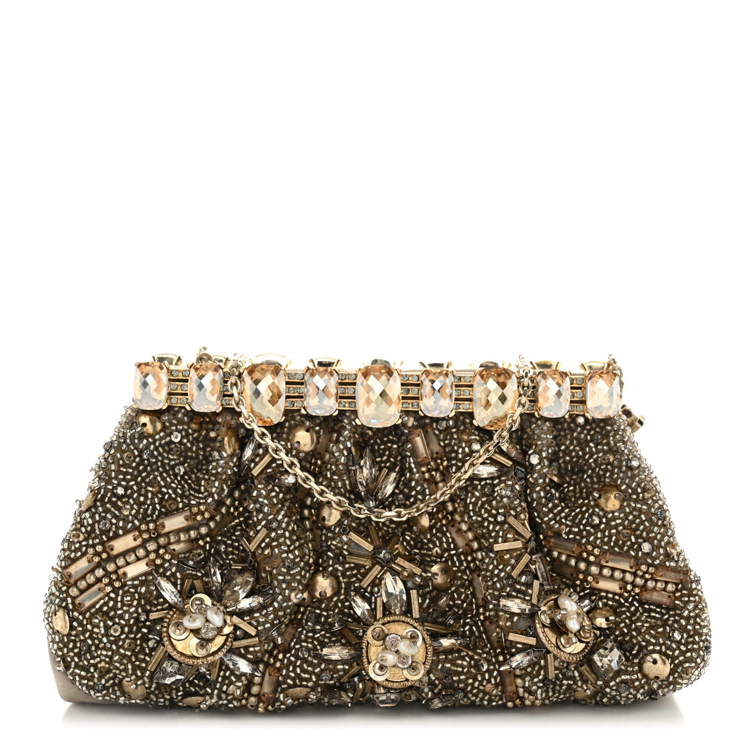 Judith Leiber Satin Beaded Crystal Evening Clutch Gold 1 of 11