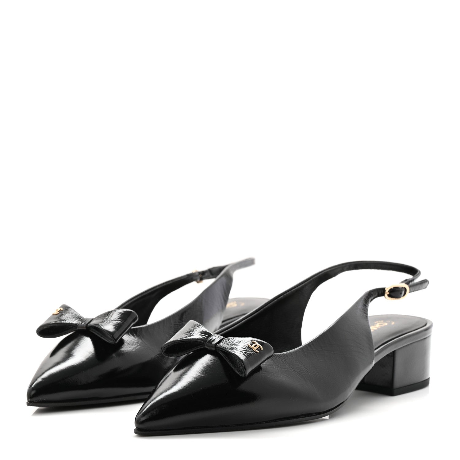 Chanel Crumpled Patent Calfskin CC Bow Slingback Pumps 37.5 Black 4 of 9