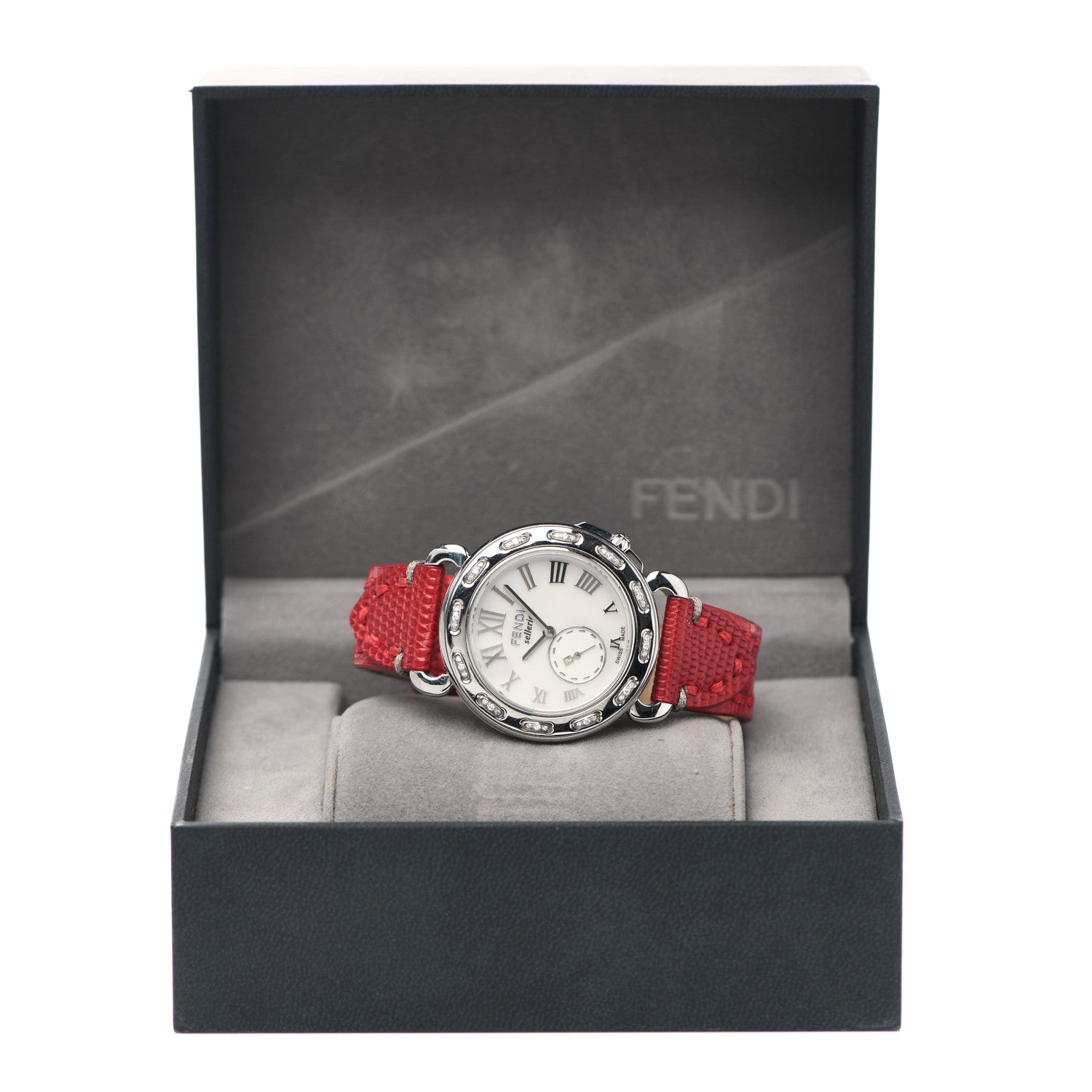 Fendi Stainless Steel Calfskin Diamond Mother of Pearl 37mm Selleria Quartz Watch Red 5 of 5