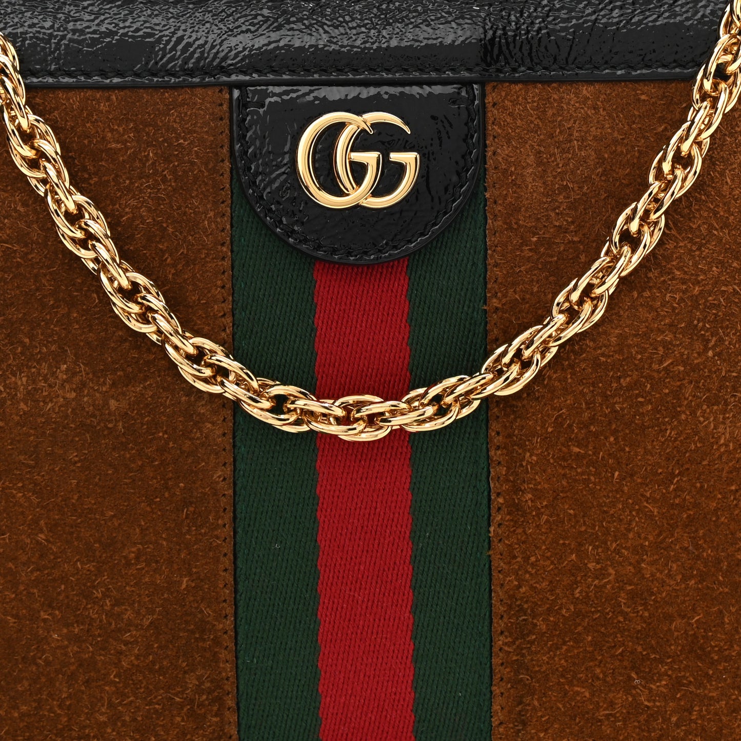 Suede Patent Web Small Ophidia Chain Shoulder Bag Nocciola Black