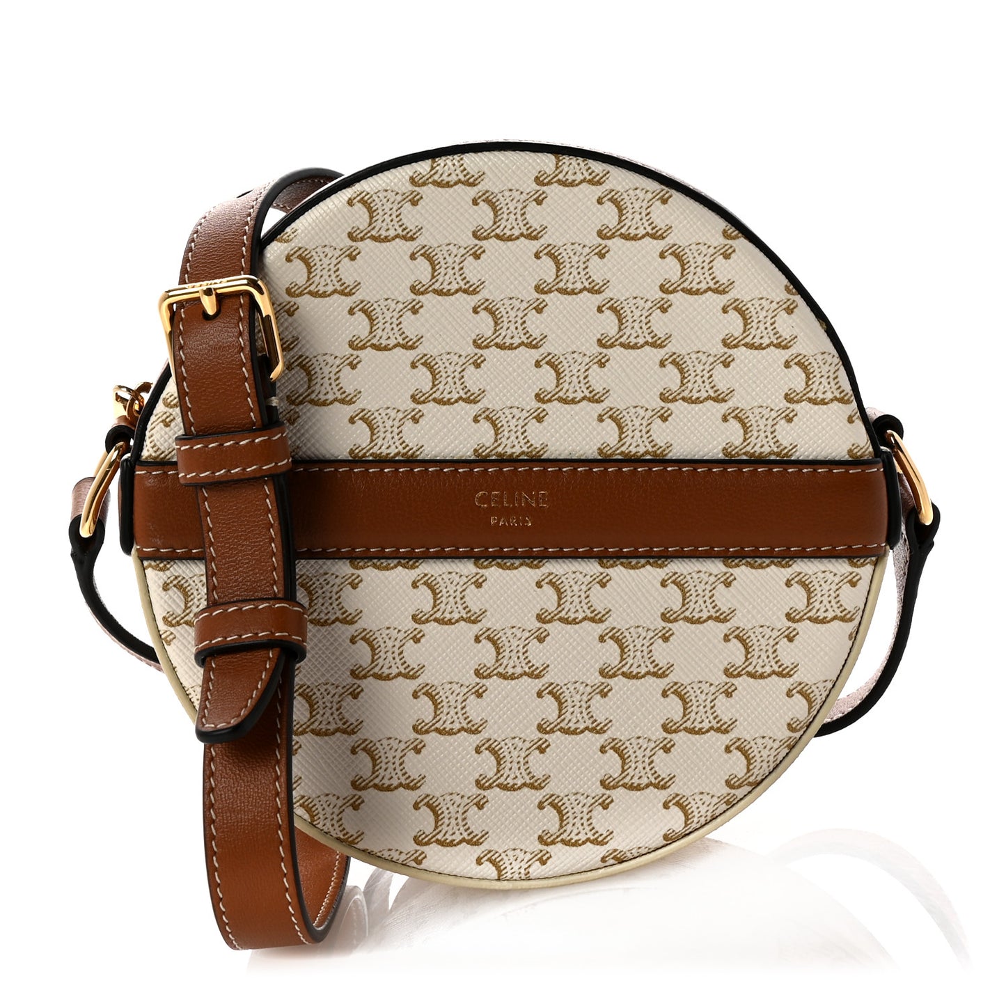 Lambskin Triomphe Canvas Round Purse On Strap White Tan