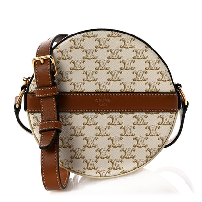 Celine Lambskin Triomphe Canvas Round Purse On Strap White Tan 1 of 8
