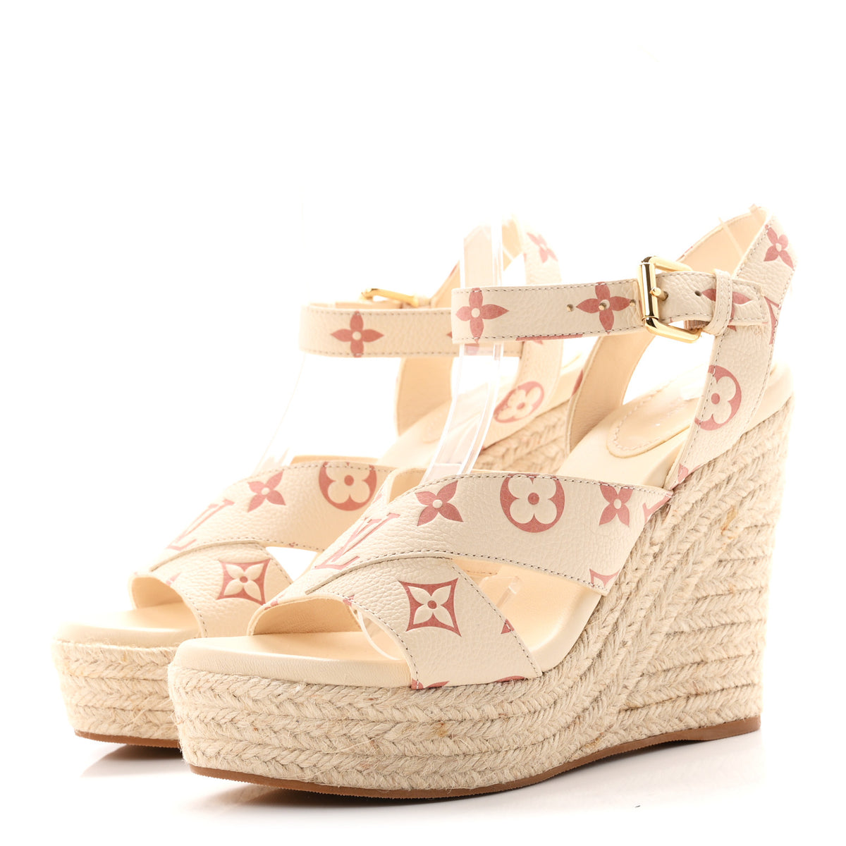 Empreinte Monogram Starboard Espadrille Wedge Sandals 37 Creme Rose Trianon