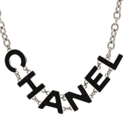 Chanel Crystal Logo Necklace Black Silver 1 of 4