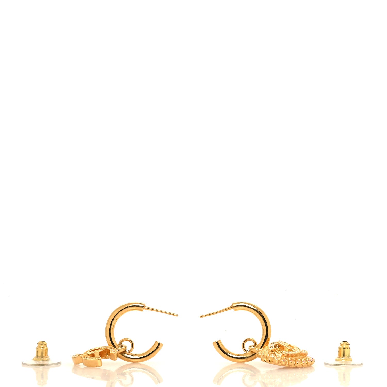 Chanel Crystal CC Shell Hoop Earrings Gold Pink 3 of 5