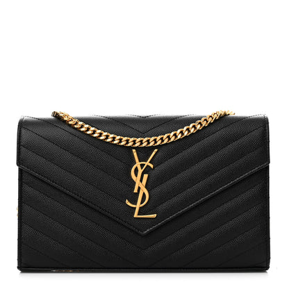 Saint Laurent Grain De Poudre Matelasse Chevron Monogram Chain Wallet Black 1 of 10