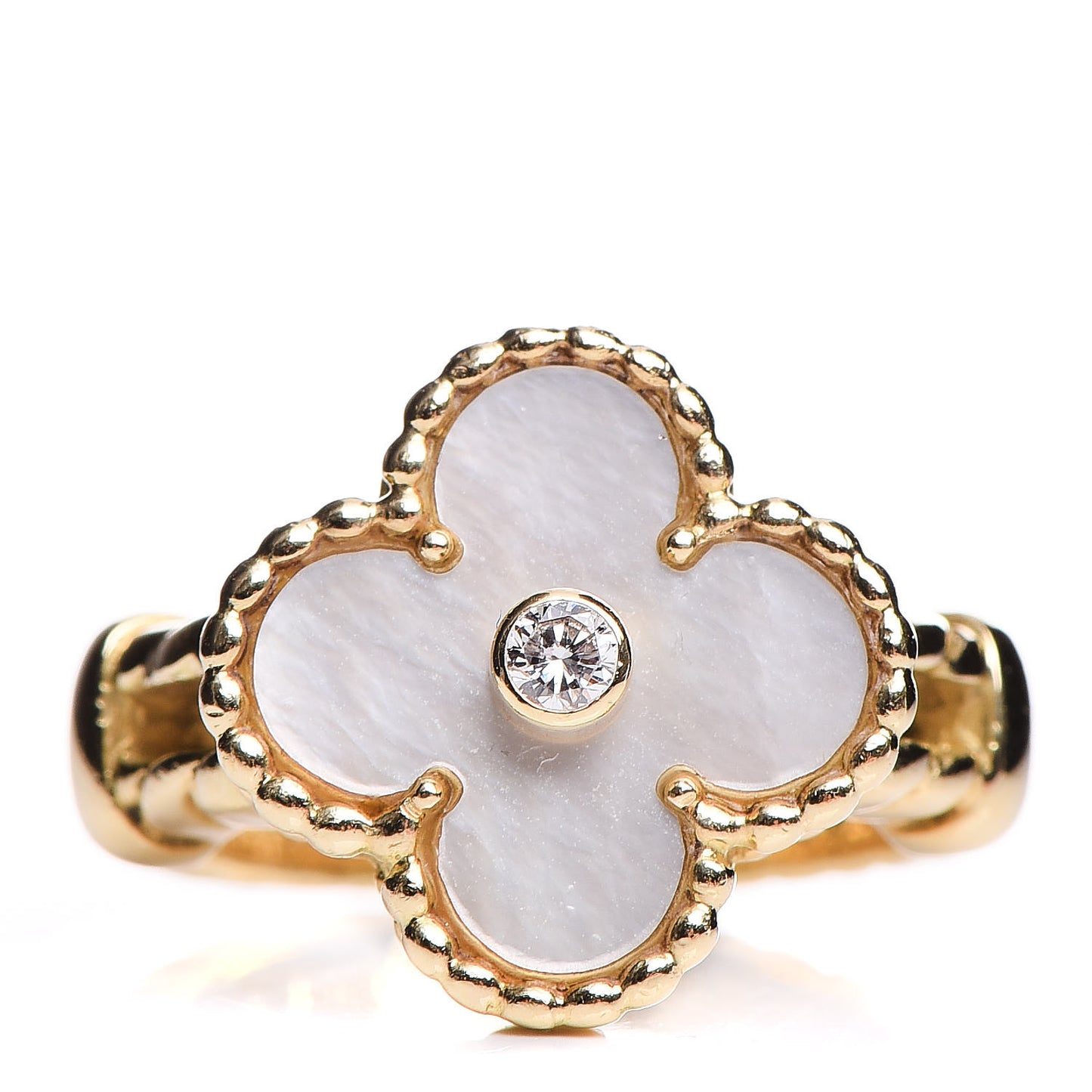 18K Yellow Gold Diamond Mother of Pearl Vintage Alhambra Ring 49 4.75