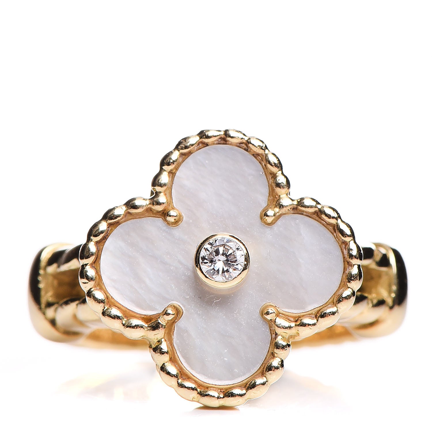 Van Cleef & Arpels 18K Yellow Gold Diamond Mother of Pearl Vintage Alhambra Ring 49 4.75 1 of 6