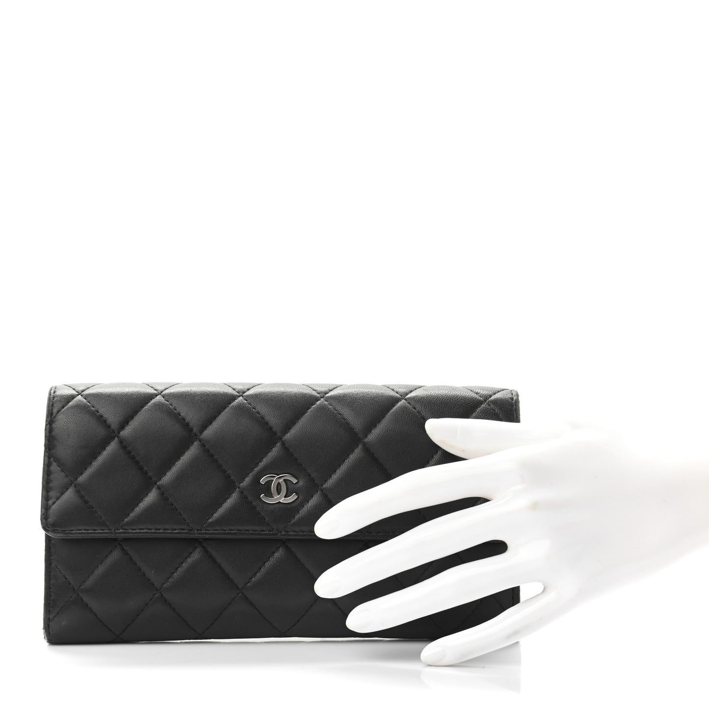 Lambskin Quilted Large Gusset Flap Wallet Black