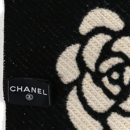 Chanel Cashmere Wool Metallic Fiber Manchester Camellia Fringe Scarf Black White 3 of 3